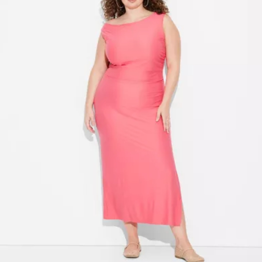 wild fable Coral Pink One-Shoulder Midi Dress